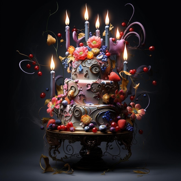 Birthday cake with burning candles on wooden background ai generated