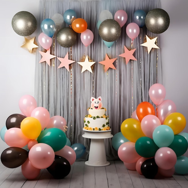 a birthday cake with a cake and balloons on it