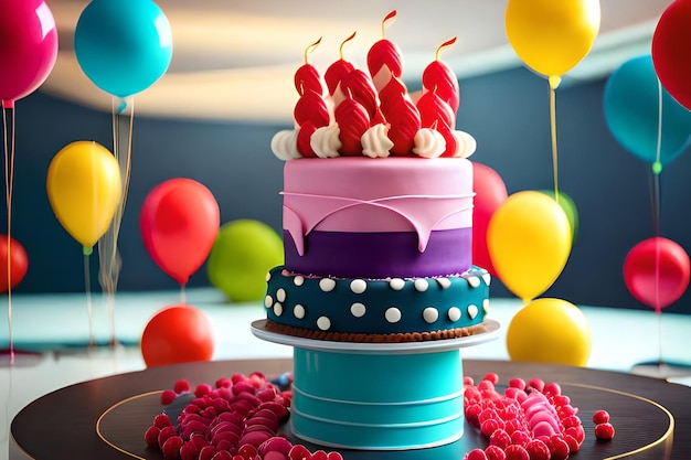 Торт на день рождения со свечой и воздушными шарами на заднем плане