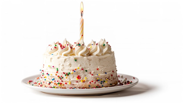 Foto una torta di compleanno con una candela che dice buon compleanno