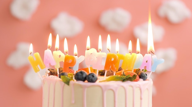 Birthday cake with candle title Happy Birthday on beautiful cake with berries background of white clouds and pink sky Closeup view