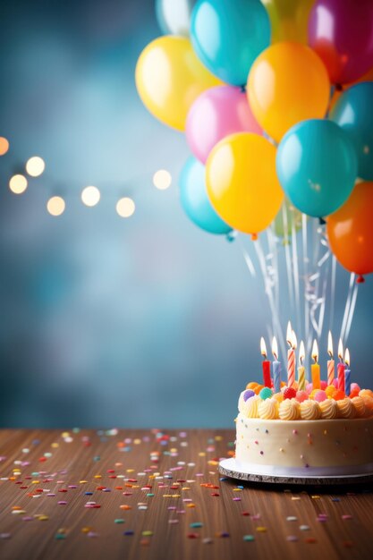 Фото Торт ко дню рождения со свечами и разноцветными воздушными шарами с местом для текста