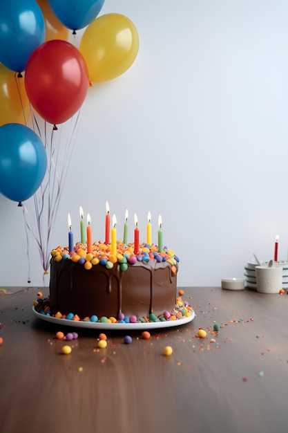 Birthday cake with candles and balloons on background AI generated