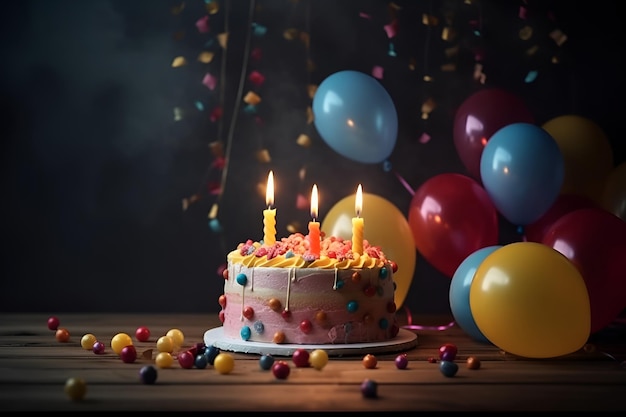 Birthday cake with candles and balloons in background AI generated