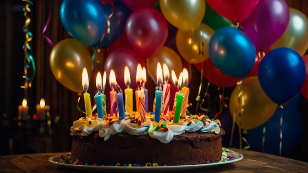 Birthday cake with candles on balloons background