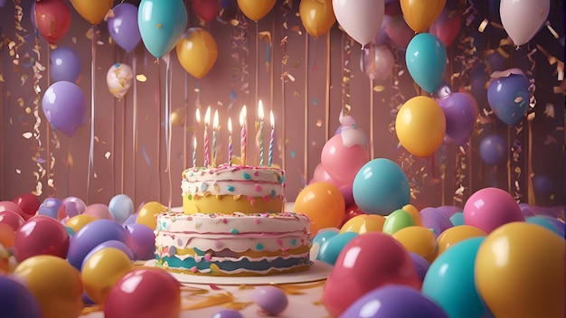 Birthday cake with candles balloons and confetti 3d rendering
