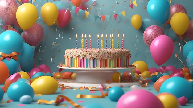 Birthday cake with candles balloons and confetti on blue background