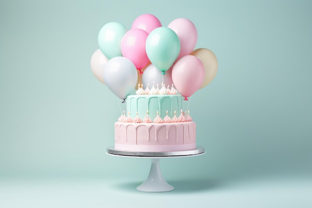 Birthday cake with candles and balloons d render horizontal