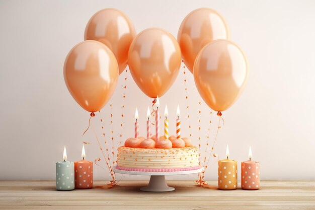 Birthday cake with candles and balloons d render horizontal