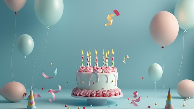 a birthday cake with candles and balloons on it