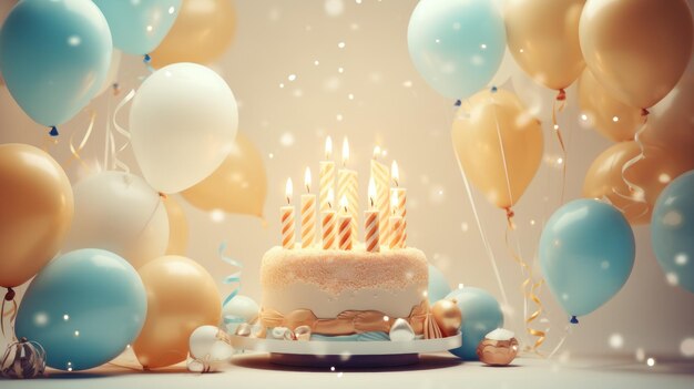 Торт на день рождения с свечами и воздушными шарами на светлом фоне