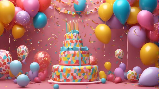 birthday cake with candles and balloons on pink background 3d rendering