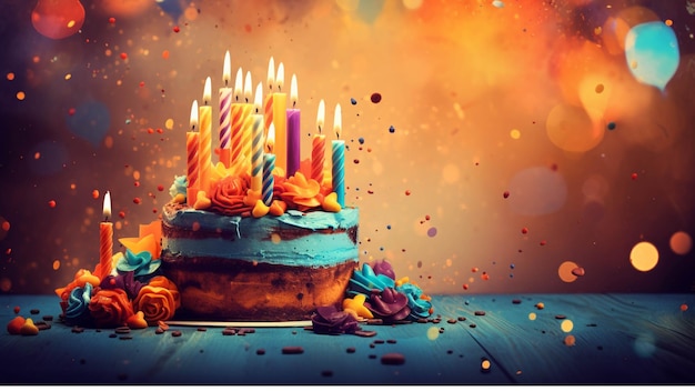 Birthday cake with candles and balloons on wooden background