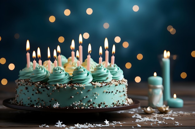 Birthday cake with candles on blue background generated AI