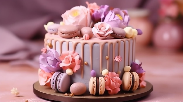 Birthday cake with candles on blur background pink them