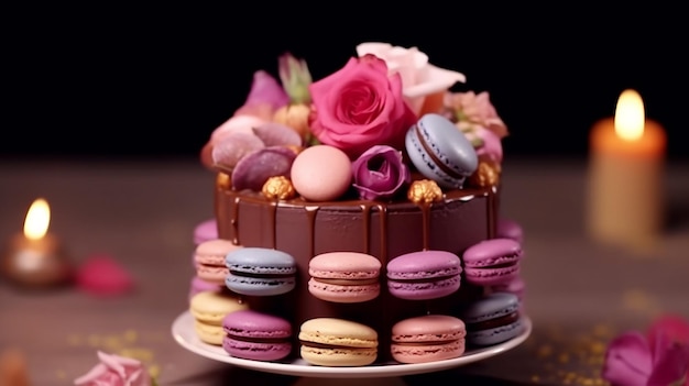 Birthday cake with candles on blur background pink them