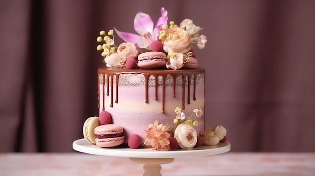 Торт на день рождения со свечами на фоне размытия розовый их