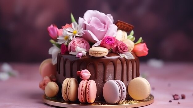 Birthday cake with candles on blur background pink them