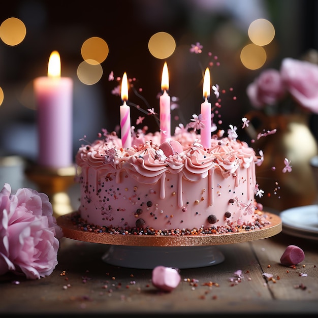 Birthday cake with candles on blur background pink them