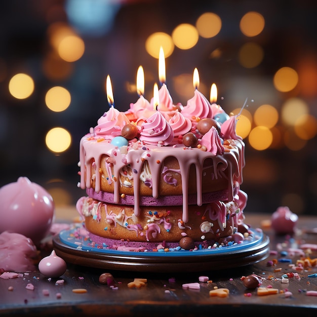 Birthday cake with candles on blur background pink them