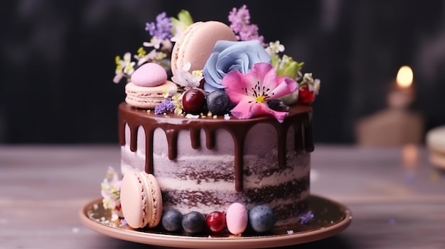 A Birthday cake with candles on blur background