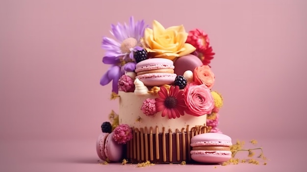 A Birthday cake with candles on blur background