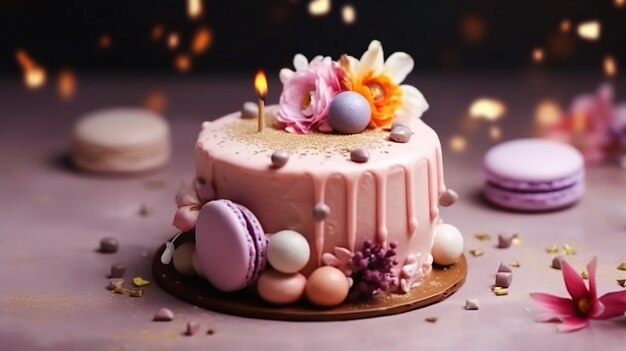 A Birthday cake with candles on blur background