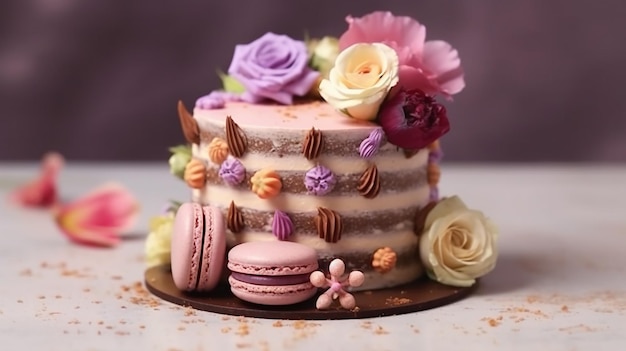 A Birthday cake with candles on blur background