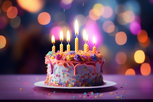 Birthday cake with candles and bokeh lights