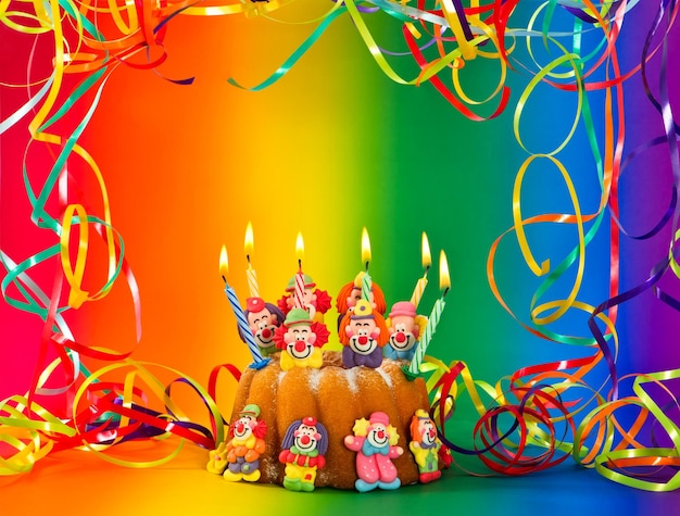 Birthday cake with candles and colorful decoration