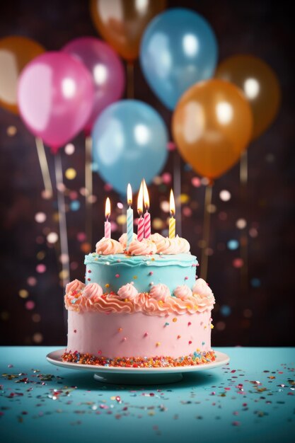 Birthday cake with candles and colorful party balloons with space for text