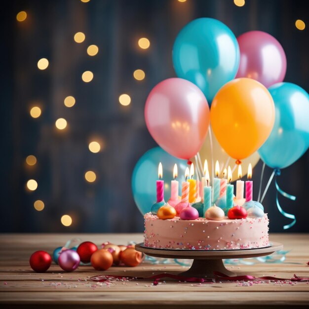 Торт ко дню рождения со свечами и разноцветными воздушными шарами с местом для текста