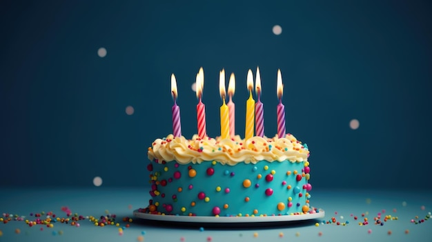 Birthday cake with candles and confetti on blurred blue background