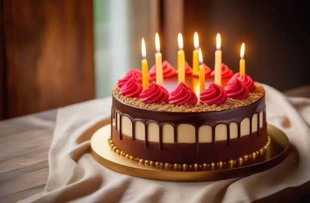 Birthday cake with candles on dark background with copy space