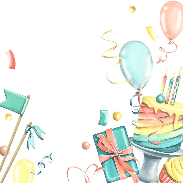 Foto torta di compleanno con candele bandiere regali palloncini coriandoli acquerello illustrazione una cornice della collezione happy birthday per la progettazione e la decorazione di auguri inviti cartoline