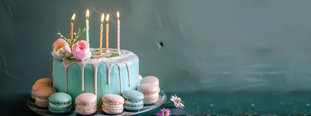 Photo birthday cake with candles and flowermacarons food anniversary concept cover banner backgroundv