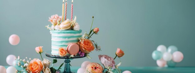 Photo birthday cake with candles and flowermacarons food anniversary concept cover banner backgroundv