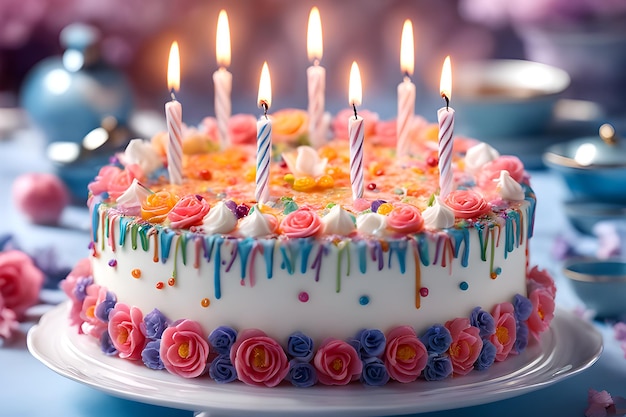 Birthday cake with candles and flowers on a blue background closeup