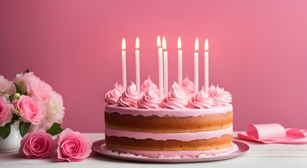 Birthday cake with candles and flowers