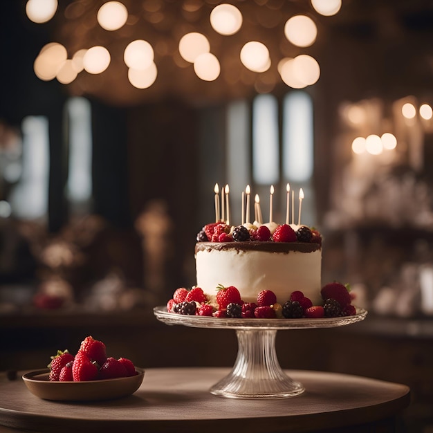 어두운 배경 에 불 과 신선 한 베리 가 있는 생일 케이크