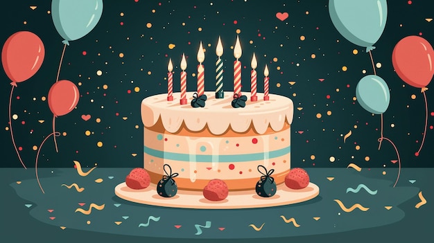 a birthday cake with candles and hearts on it