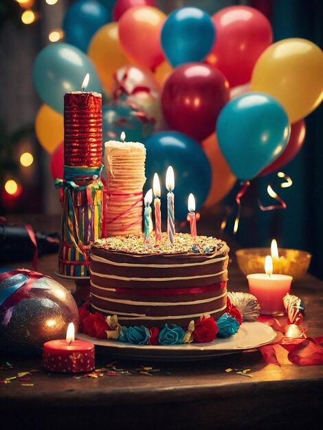 Foto una torta di compleanno con candele su di essa e una tortella di compleanno sul tavolo