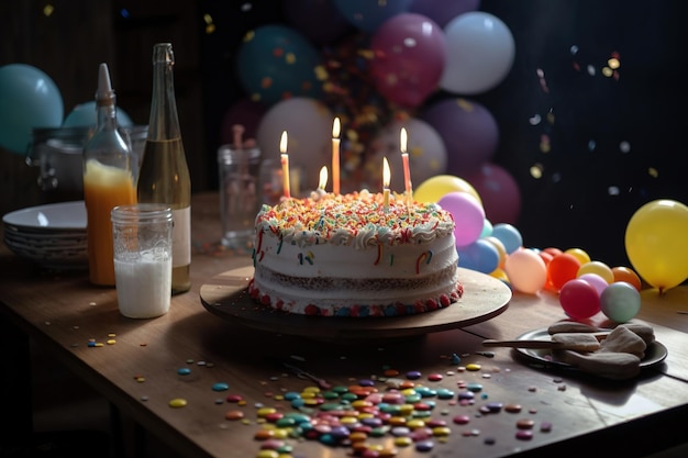 A birthday cake with candles on it and a bottle of milk in the background.