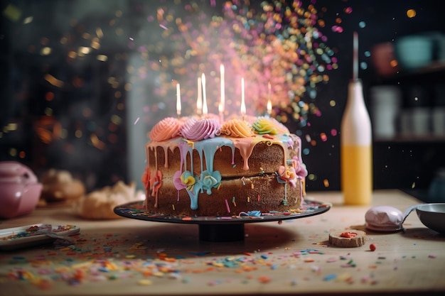 A birthday cake with candles on it and confetti in the background.