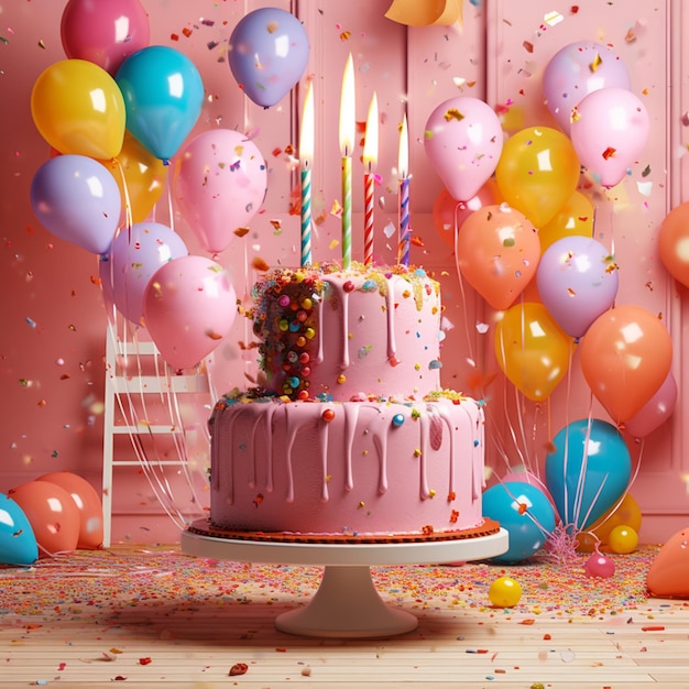 a birthday cake with candles on it and a pink background with a cake on it.