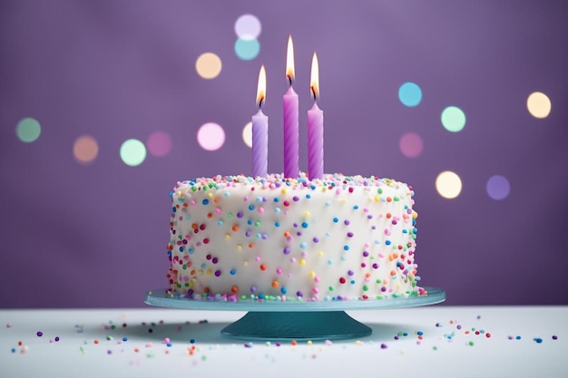 A birthday cake with candles on it and a purple background with purple and yellow lights.
