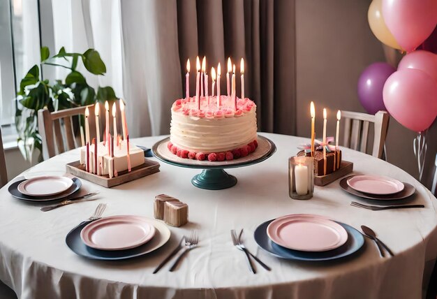 a birthday cake with candles on it sits on a table with a birthday cake in front of it