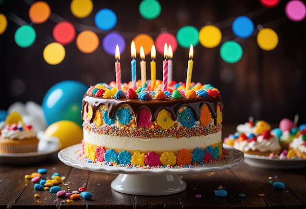 a birthday cake with the candles lit up on it