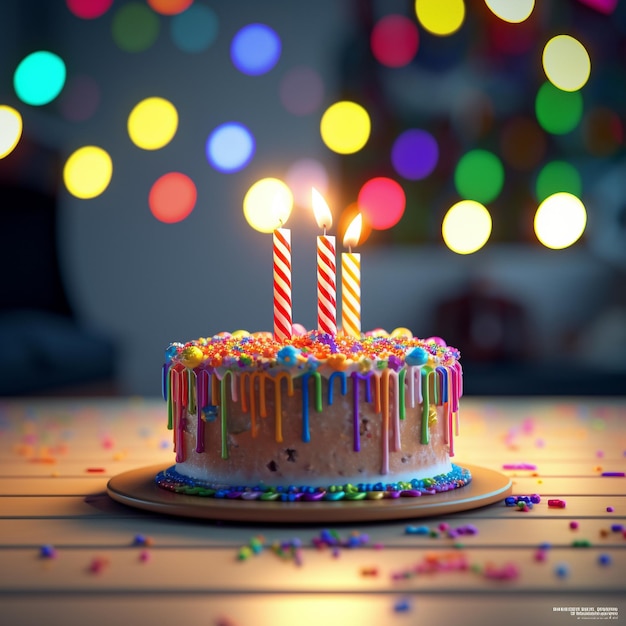 a birthday cake with candles lit up on a table.