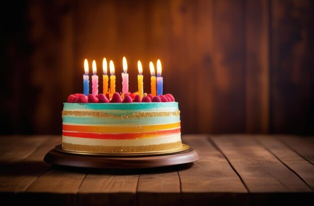 写真 コピースペースのある暗い背景のろうそくの誕生日ケーキ